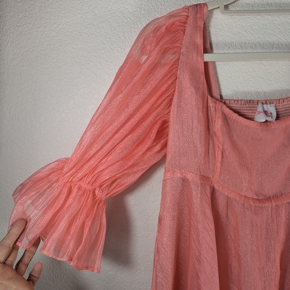 Buddy Love Coral Sheer Baby Doll Flirty Puff Sleeve Mini Fairycore Dress Size S - Picture 9 of 9